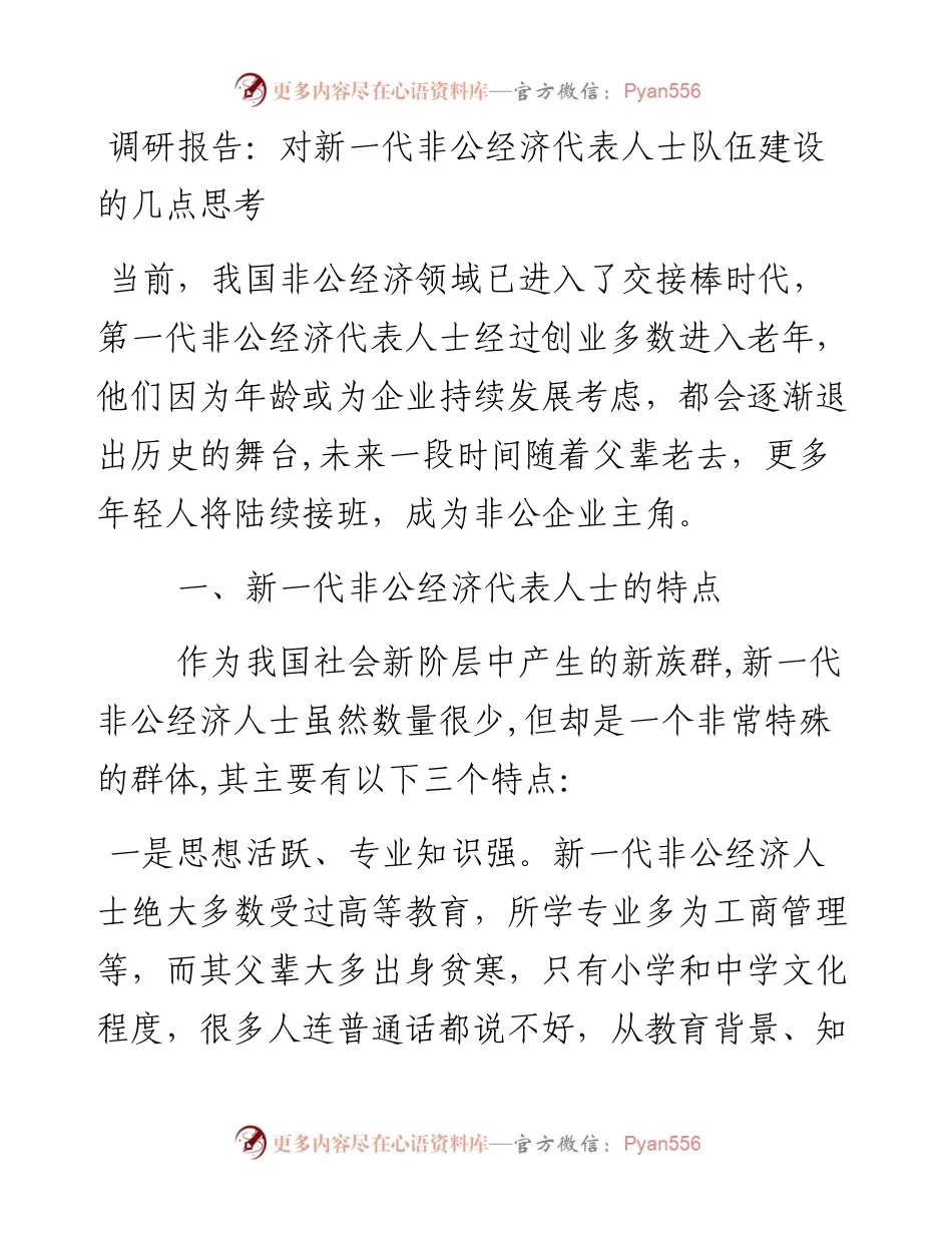 调研报告：对新一代非公经济代表人士队伍建设的几点思考.docx_第1页