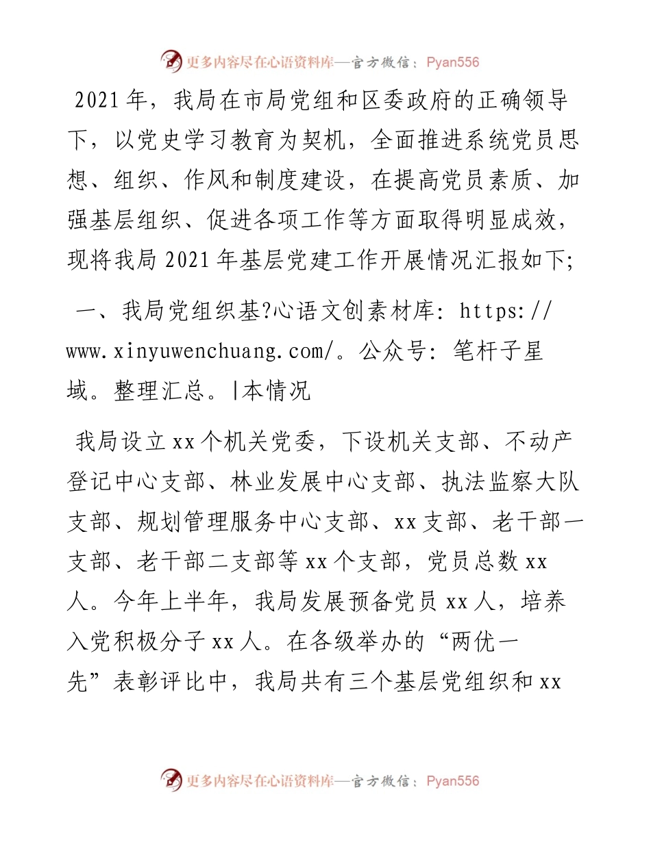 自然资源局度基层党建工作开展情况汇报.docx_第1页