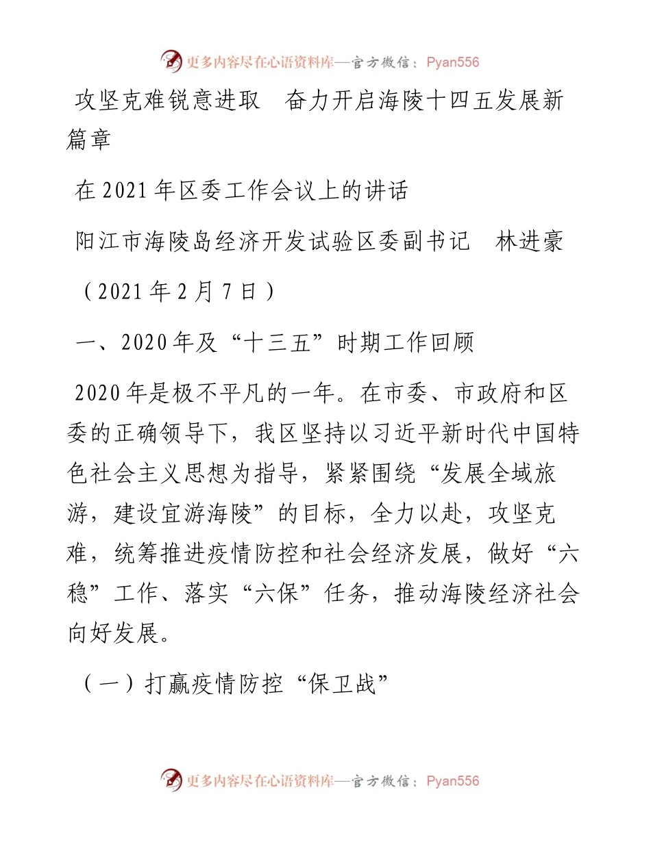 范文系列1244阳江市海陵岛经济开发试验区委副书记林进豪：在区委工作会议上的讲话.docx_第1页