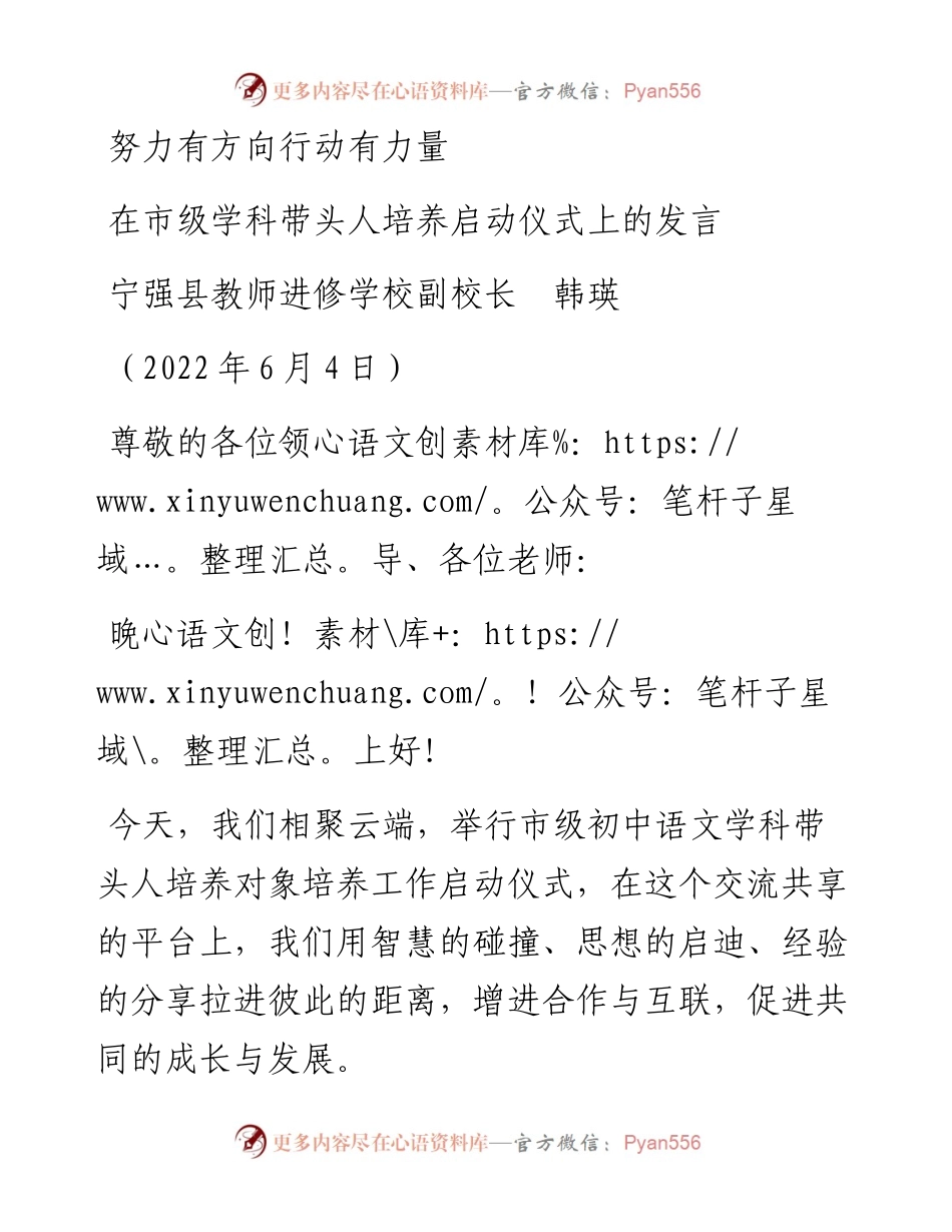 范文系列3882宁强县教师进修学校副校长韩瑛：在市级学科带头人培养启动仪式上的发言.docx_第1页
