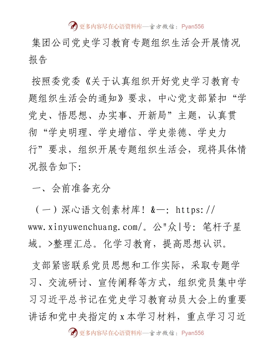 集团公司党史学习教育专题组织生活会开展情况报告.docx_第1页