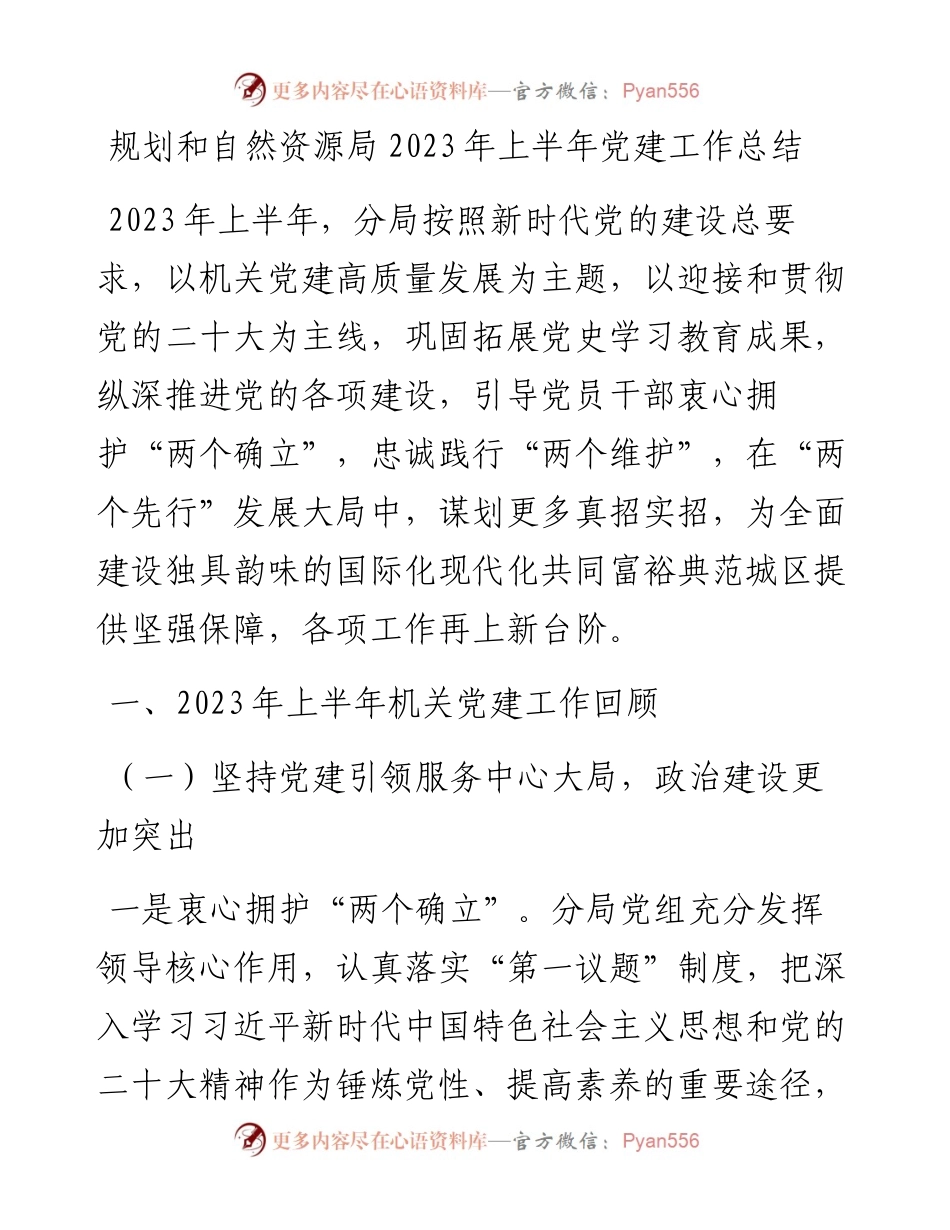 规划和自然资源局2023年上半年党建工作总结.docx_第1页
