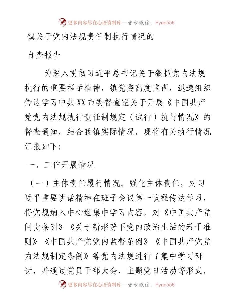 镇关于党内法规责任制执行情况的自查报告.docx_第1页