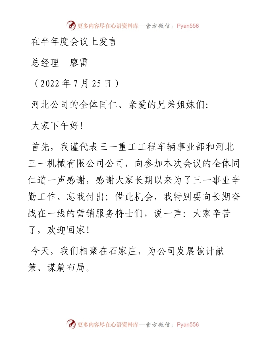 范文系列4292总经理廖雷：在半年度会议上发言.docx_第1页