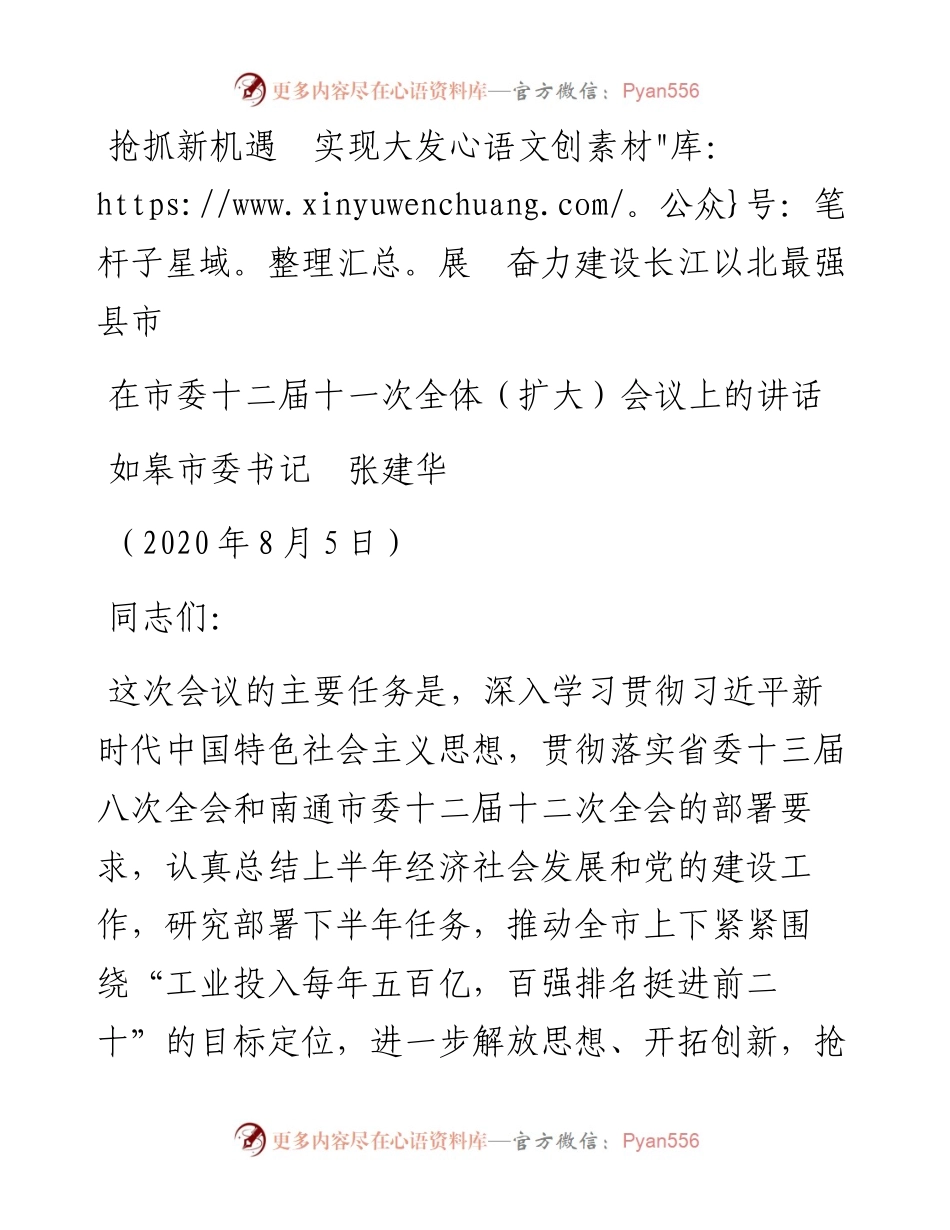 范文系列573如皋市委书记张建华：在市委十二届十一次全体（扩大）会议上的讲话.docx_第1页