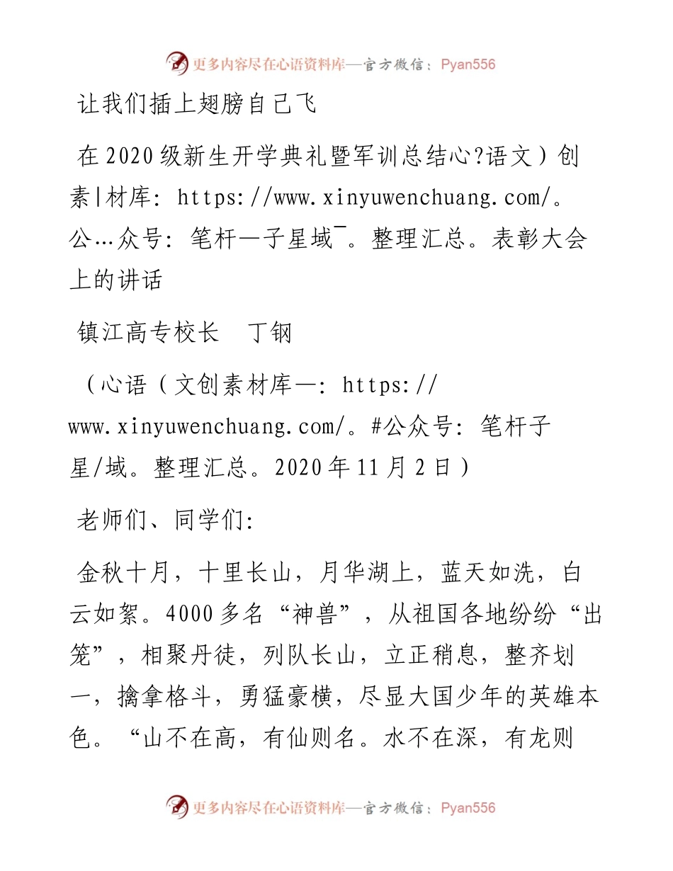 范文系列863镇江高专校长丁钢：在级新生开学典礼暨军训总结表彰大会上的讲话.docx_第1页