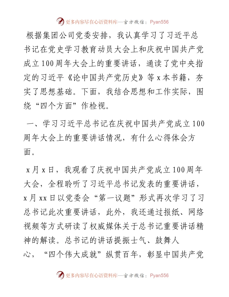 集团公司党支部党史学习教育专题组织生活会检视问题发言.docx_第1页