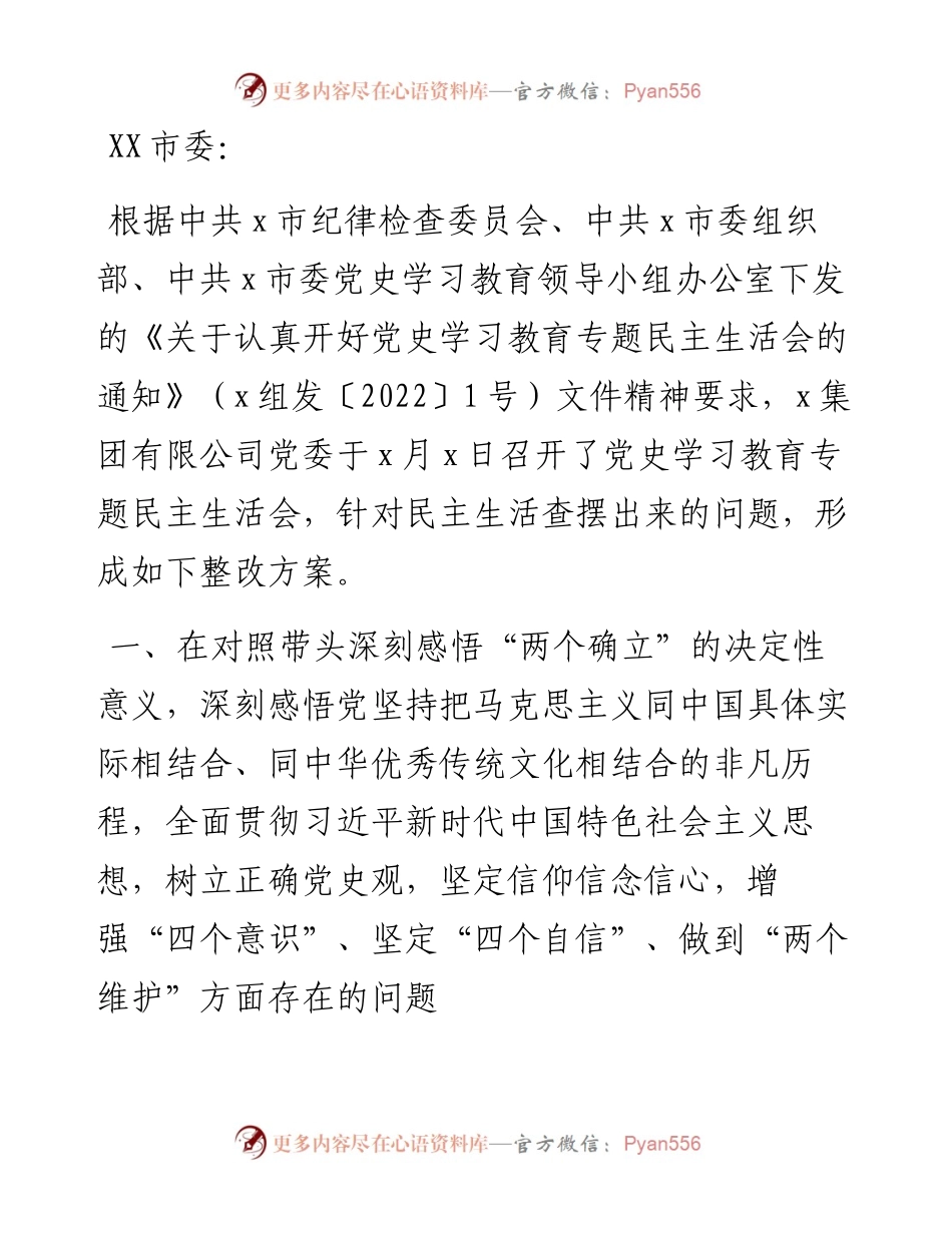 集团公司党委专题民主生活会领导班子整改方案.docx_第1页