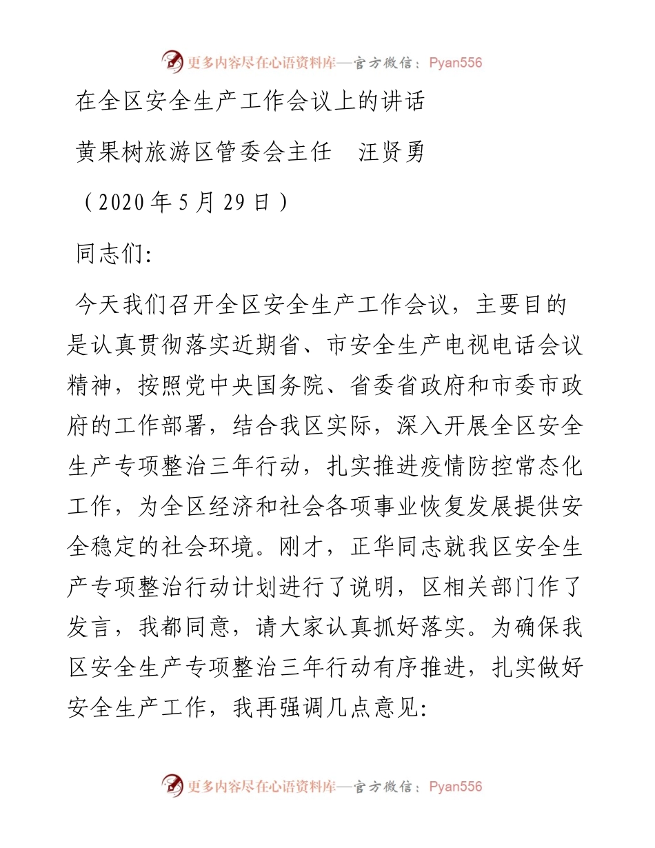范文系列288黄果树旅游区管委会主任汪贤勇在全区安全生产工作会议上的讲话.docx_第1页