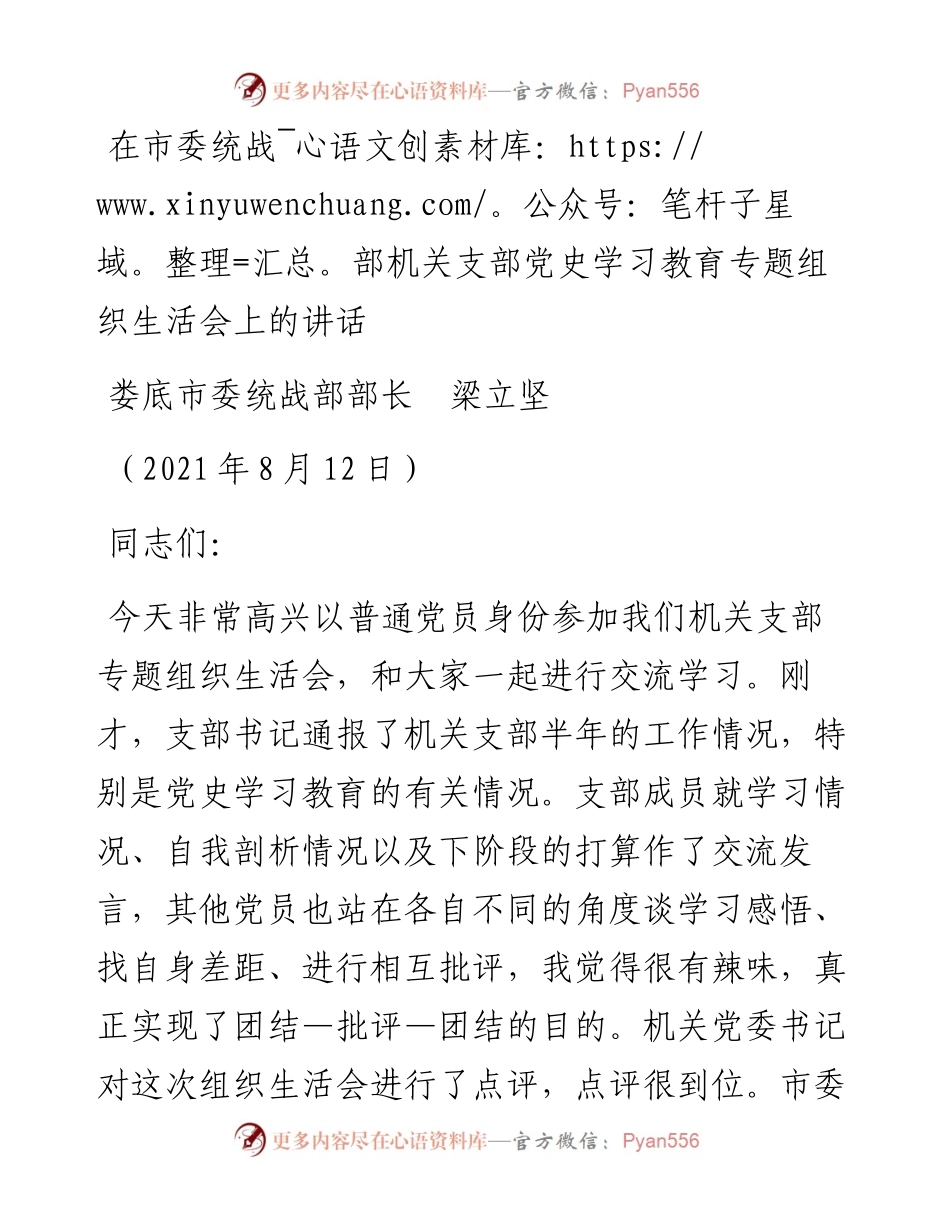 范文系列2003娄底市委统战部部长梁立坚：在市委统战部机关支部党史学习教育专题组织生活会上的讲话.docx_第1页
