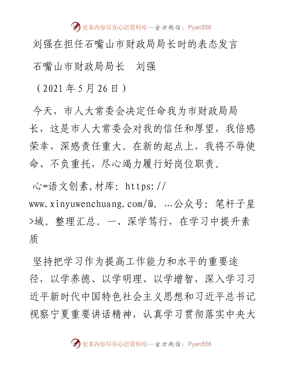 范文系列1870石嘴山市财政局局长刘强：刘强在担任石嘴山市财政局局长时的表态发言.docx_第1页
