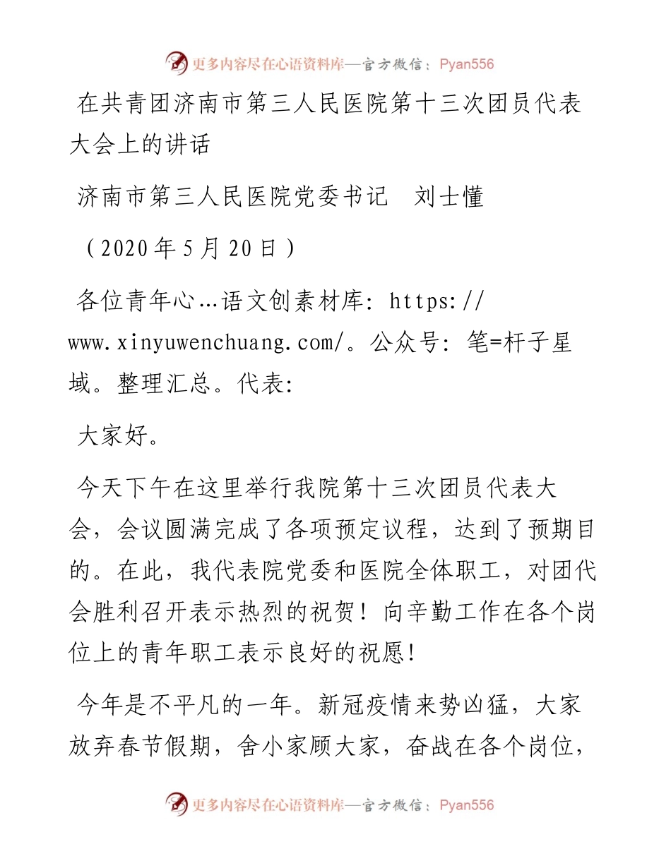 范文系列255济南市第三人民医院党委书记刘士懂在共青团济南市第三人民医院第十三次团员代表大会上的讲话.docx_第1页