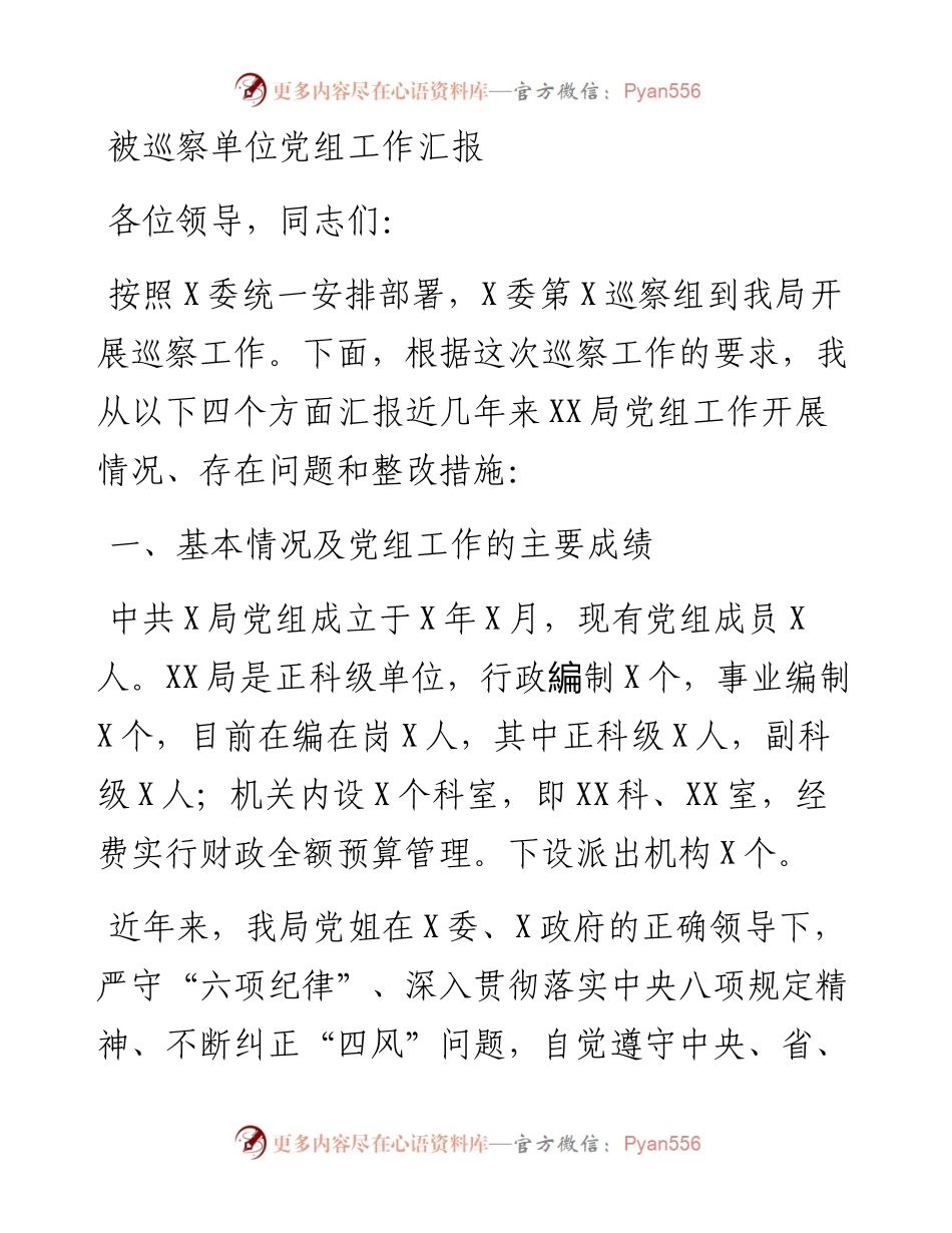 被巡察单位党组工作汇报.docx_第1页