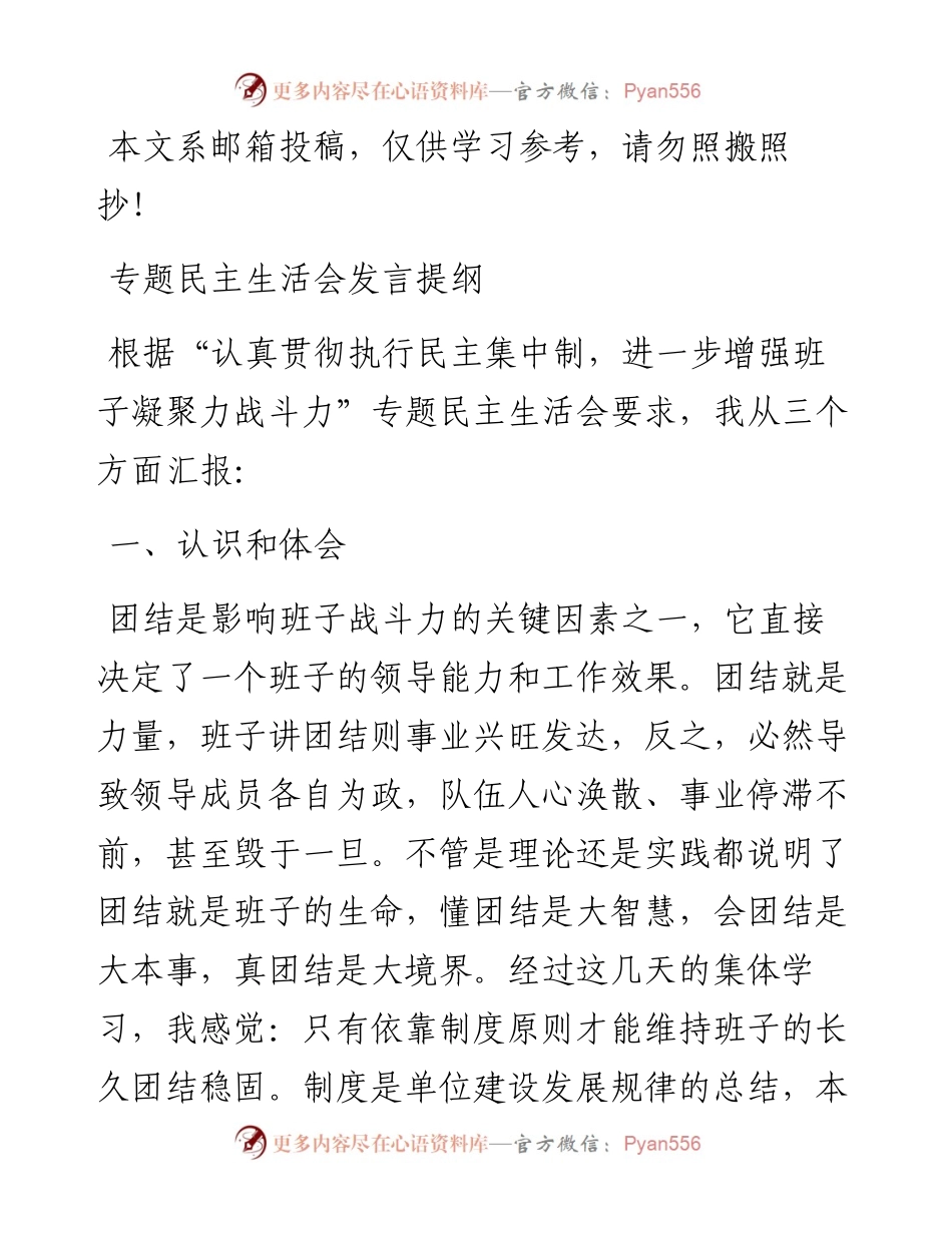 贯彻执行民主集中制专题民主生活会发言提纲(范文).docx_第1页