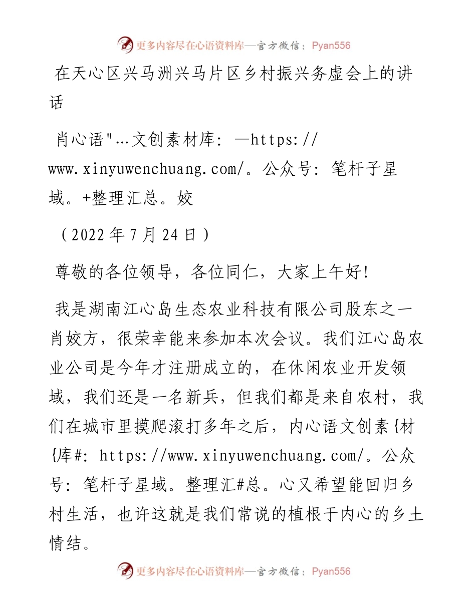 范文系列4307肖姣：在天心区兴马洲兴马片区乡村振兴务虚会上的讲话.docx_第1页
