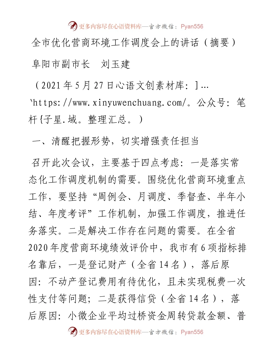 范文系列1625阜阳市副市长刘玉建：全市优化营商环境工作调度会上的讲话（摘要）.docx_第1页