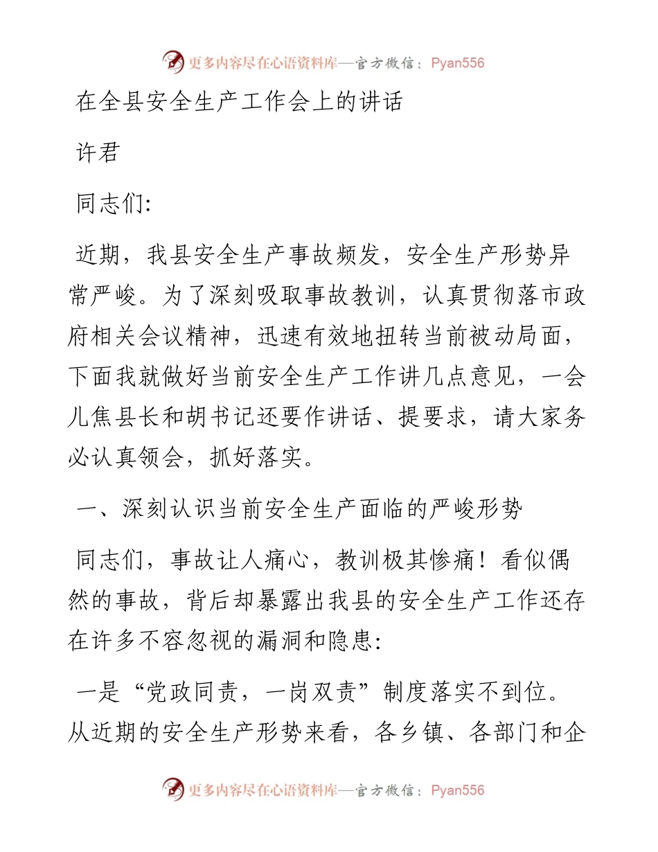 许君：在全县安全生产工作会上的讲话.docx_第1页