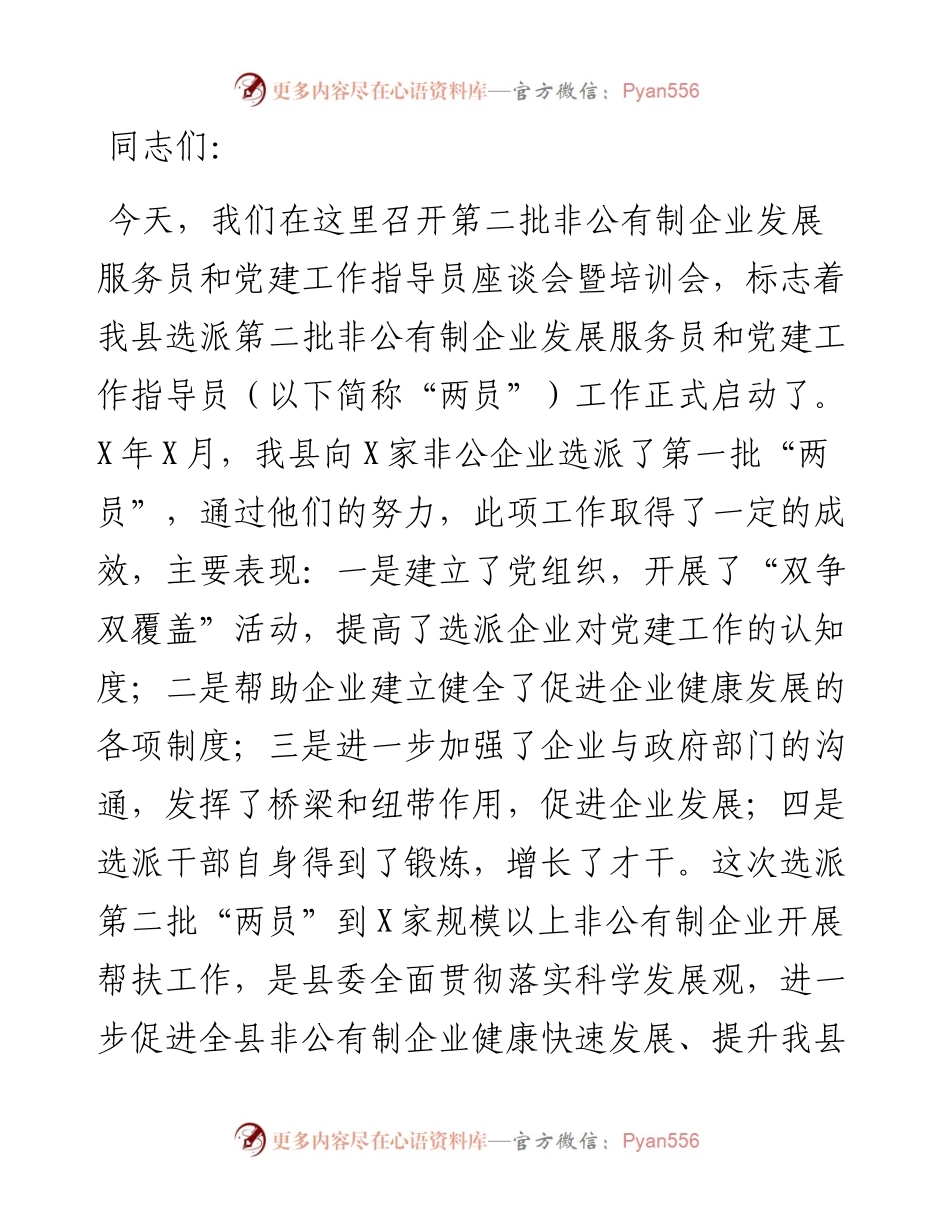 组织部长在第二批非公有制企业发展服务员和党建工作指导员座谈会暨培训会上的讲话.docx_第1页