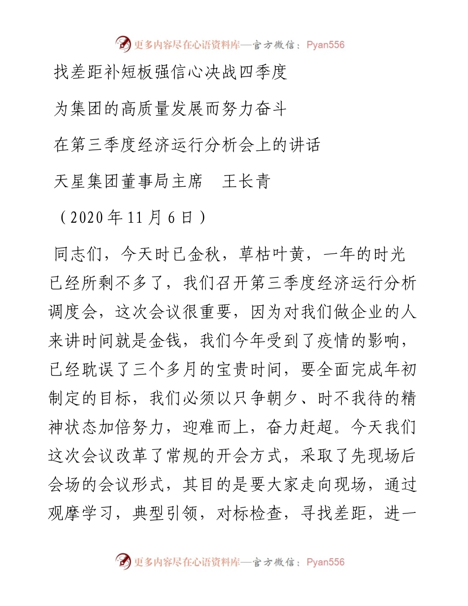 范文系列879天星集团董事局主席王长青：在第三季度经济运行分析会上的讲话.docx_第1页