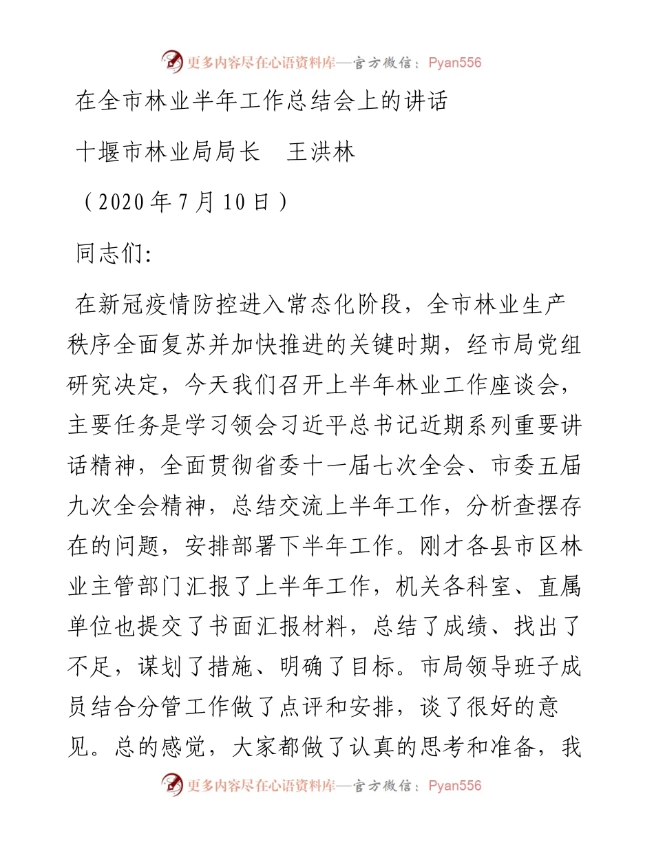 范文系列471十堰市林业局局长王洪林：在全市林业半年工作总结会上的讲话.docx_第1页