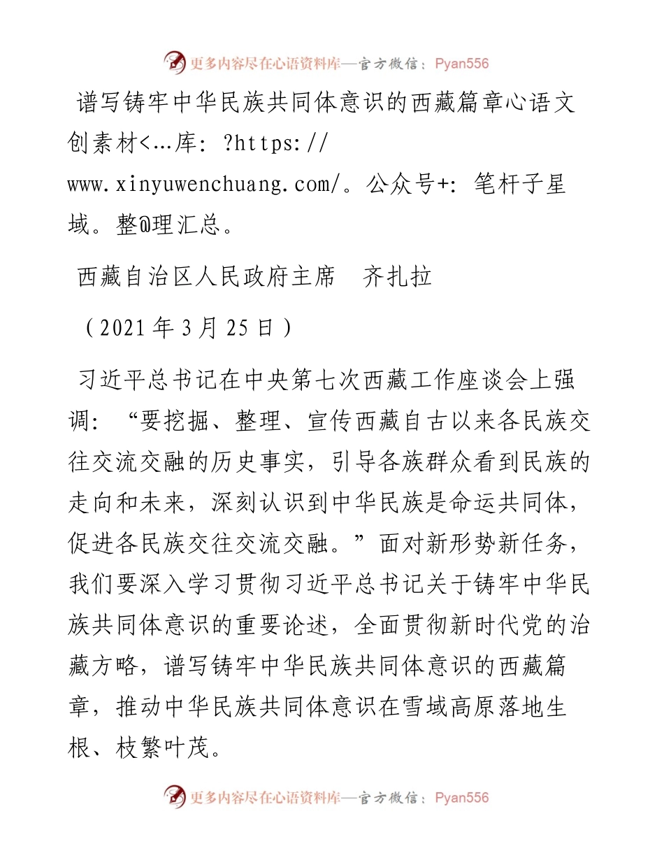 范文系列1522西藏自治区人民政府主席齐扎拉：谱写铸牢中华民族共同体意识的西藏篇章.docx_第1页