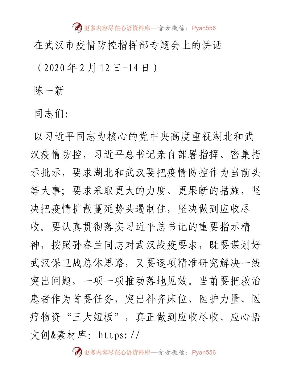 陈一新：在武汉市疫情防控指挥部专题会上的讲话(1).docx_第1页