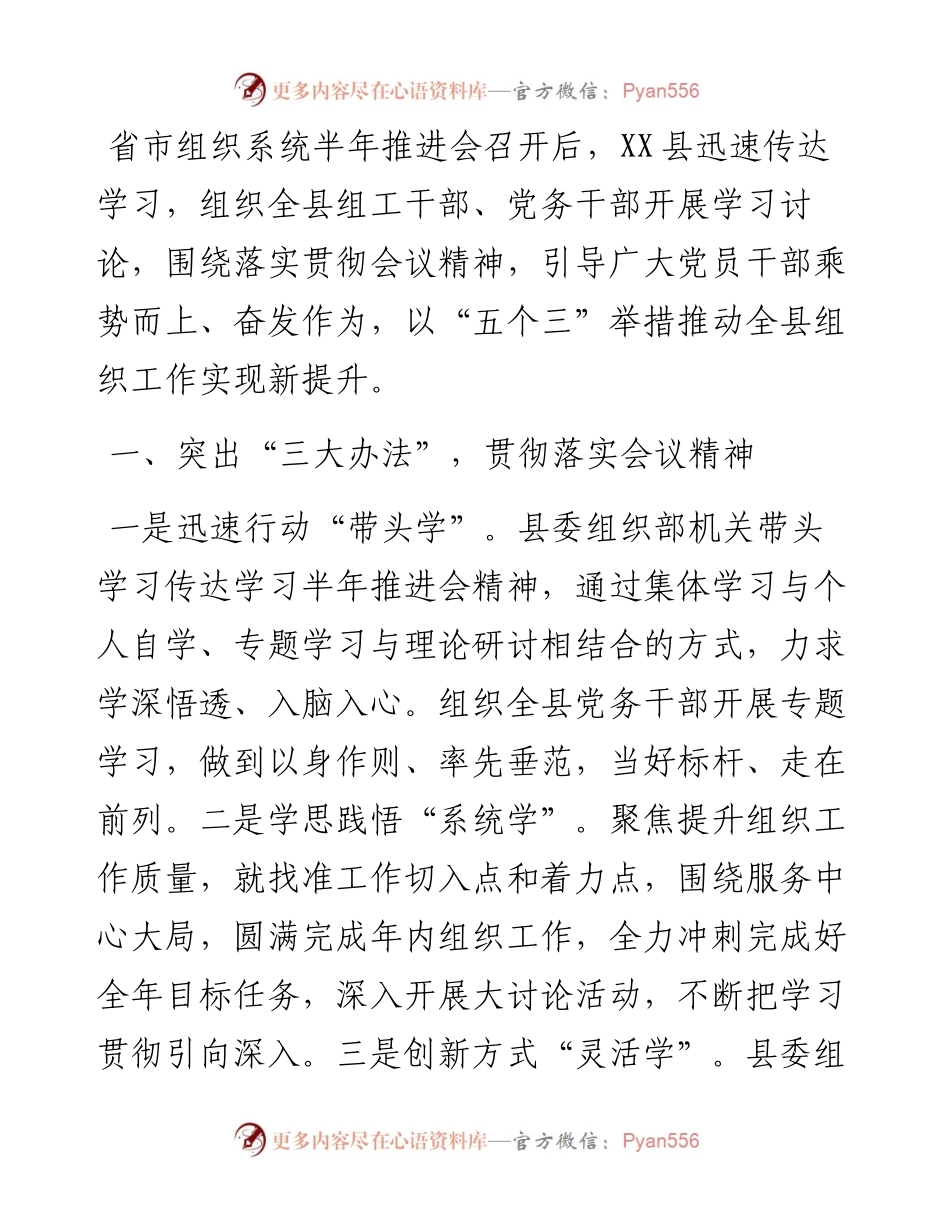 贯彻落实省市组织系统半年推进会精神情况汇报.docx_第1页