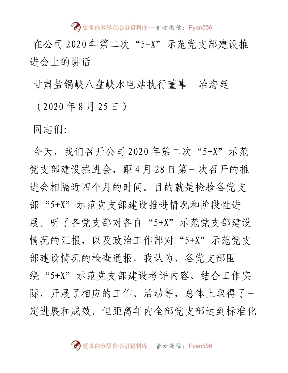 范文系列616甘肃盐锅峡八盘峡水电站执行董事冶海廷：在公司第二次“5+X”示范党支部建设推进会上的讲话.docx_第1页
