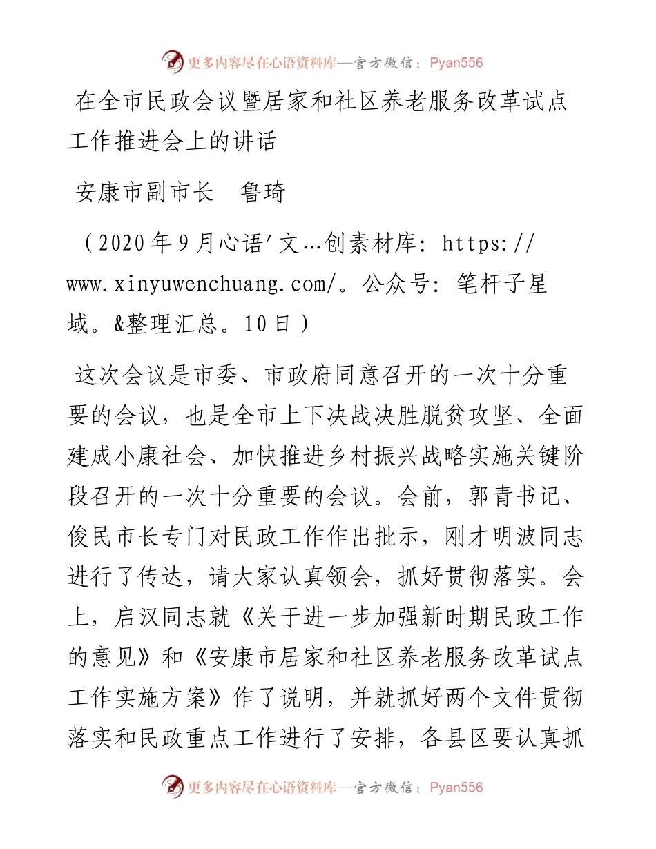 范文系列789安康市副市长鲁琦：在全市民政会议暨居家和社区养老服务改革试点工作推进会上的讲话.docx_第1页