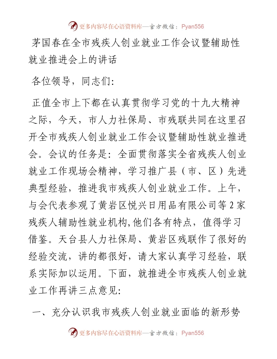 茅国春：在全市残疾人创业就业工作会议暨辅助性就业推进会上的讲话.docx_第1页