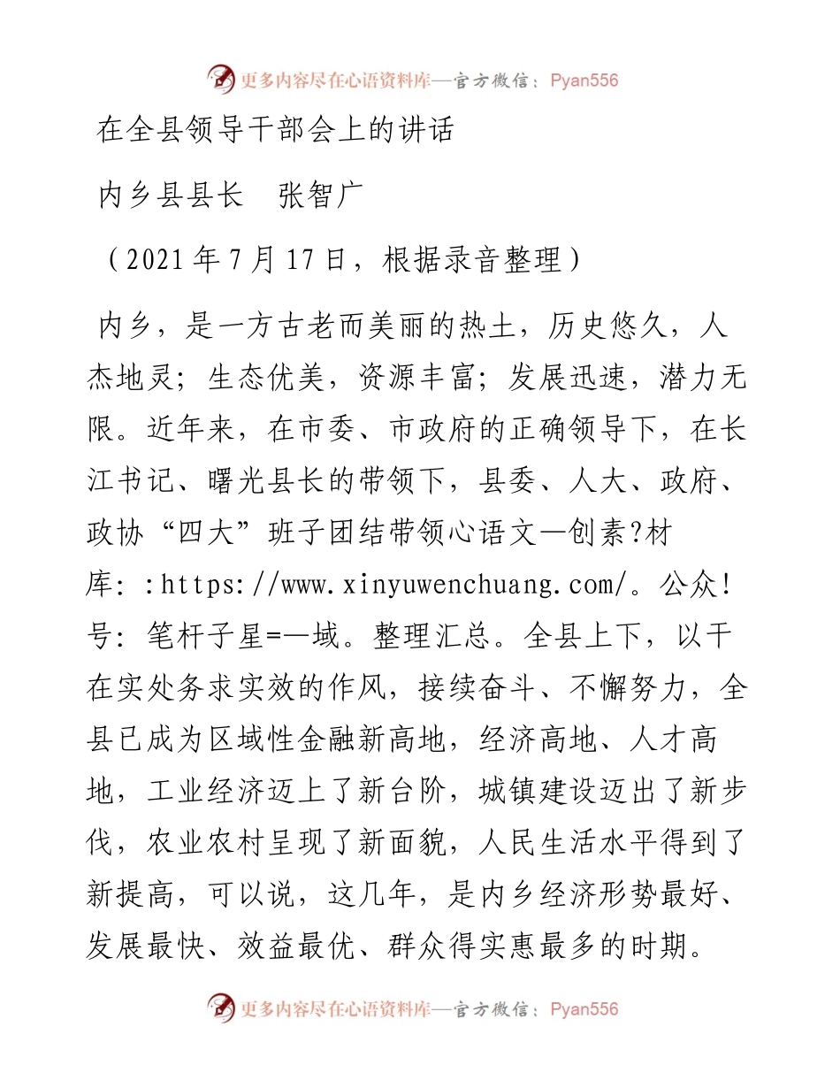 范文系列1822内乡县县长张智广：在全县领导干部会上的讲话.docx_第1页