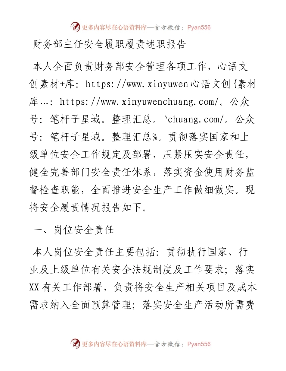 财务部主任安全履职履责述职报告.docx_第1页