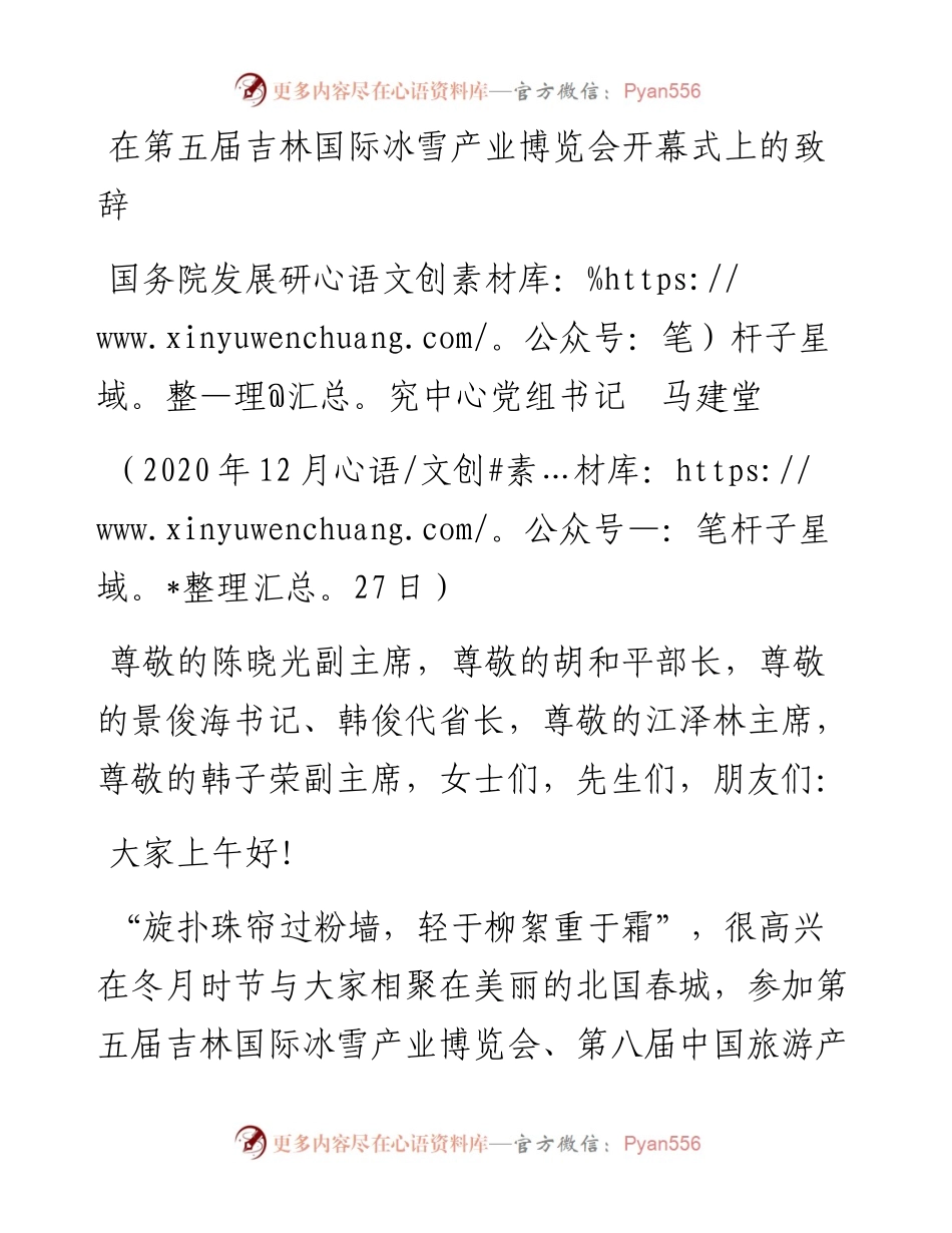 范文系列1013国务院发展研究中心党组书记马建堂：在第五届吉林国际冰雪产业博览会开幕式上的致辞.docx_第1页