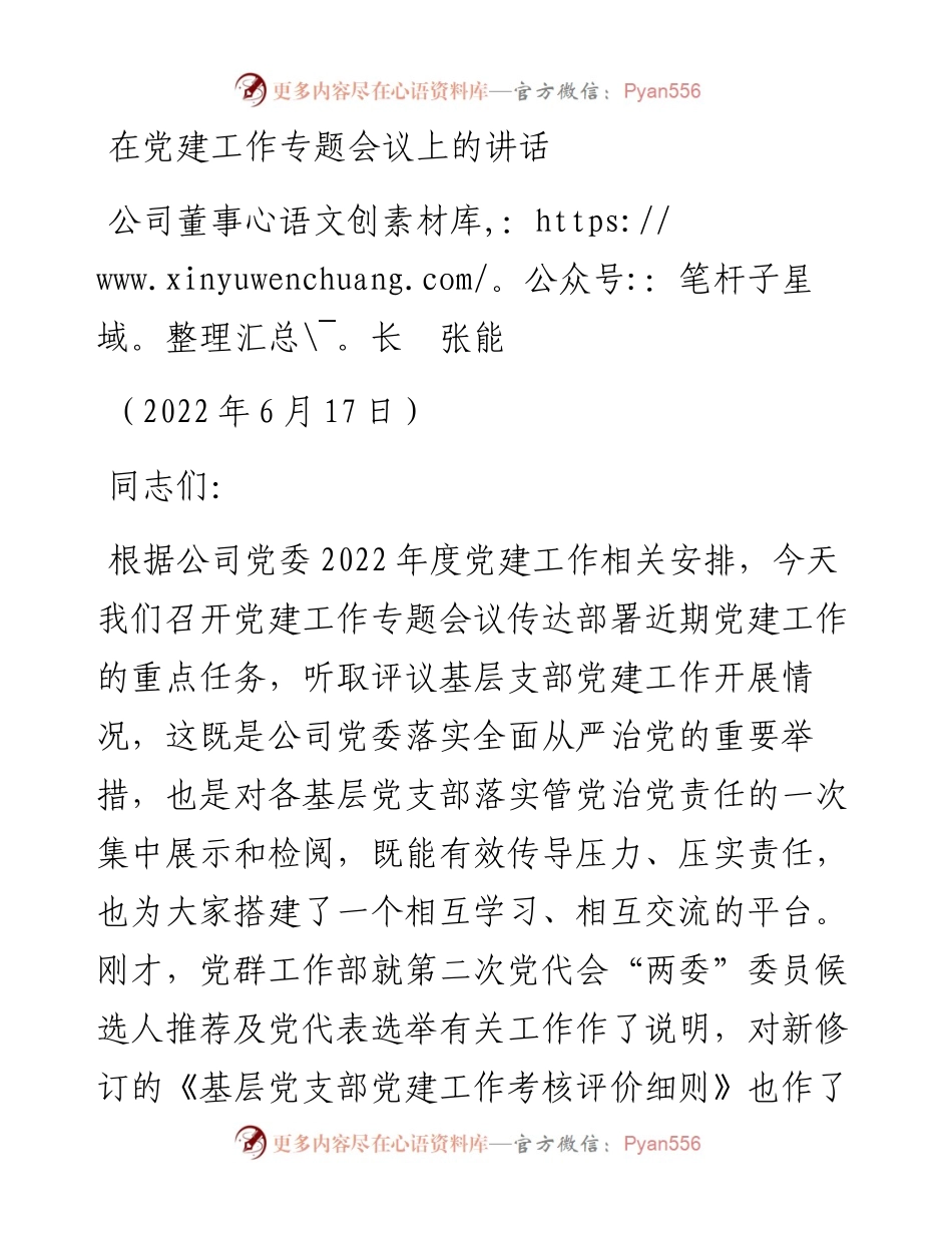 范文系列4004公司董事长张能：在党建工作专题会议上的讲话.docx_第1页