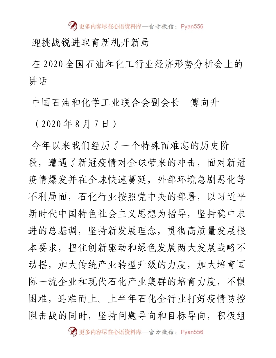 范文系列568中国石油和化学工业联合会副会长傅向升：在全国石油和化工行业经济形势分析会上的讲话.docx_第1页
