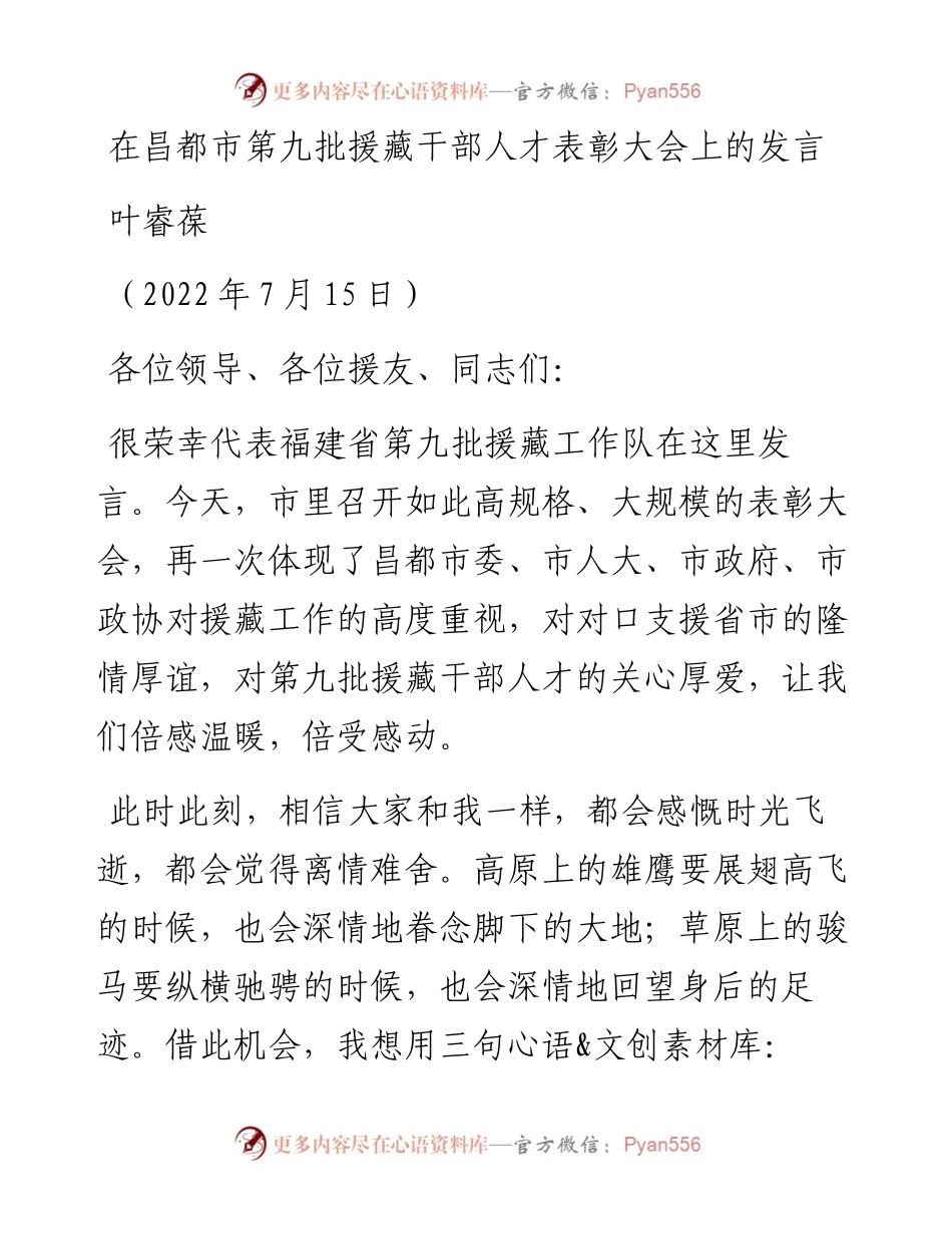 范文系列4202叶睿葆：在昌都市第九批援藏干部人才表彰大会上的发言.docx_第1页