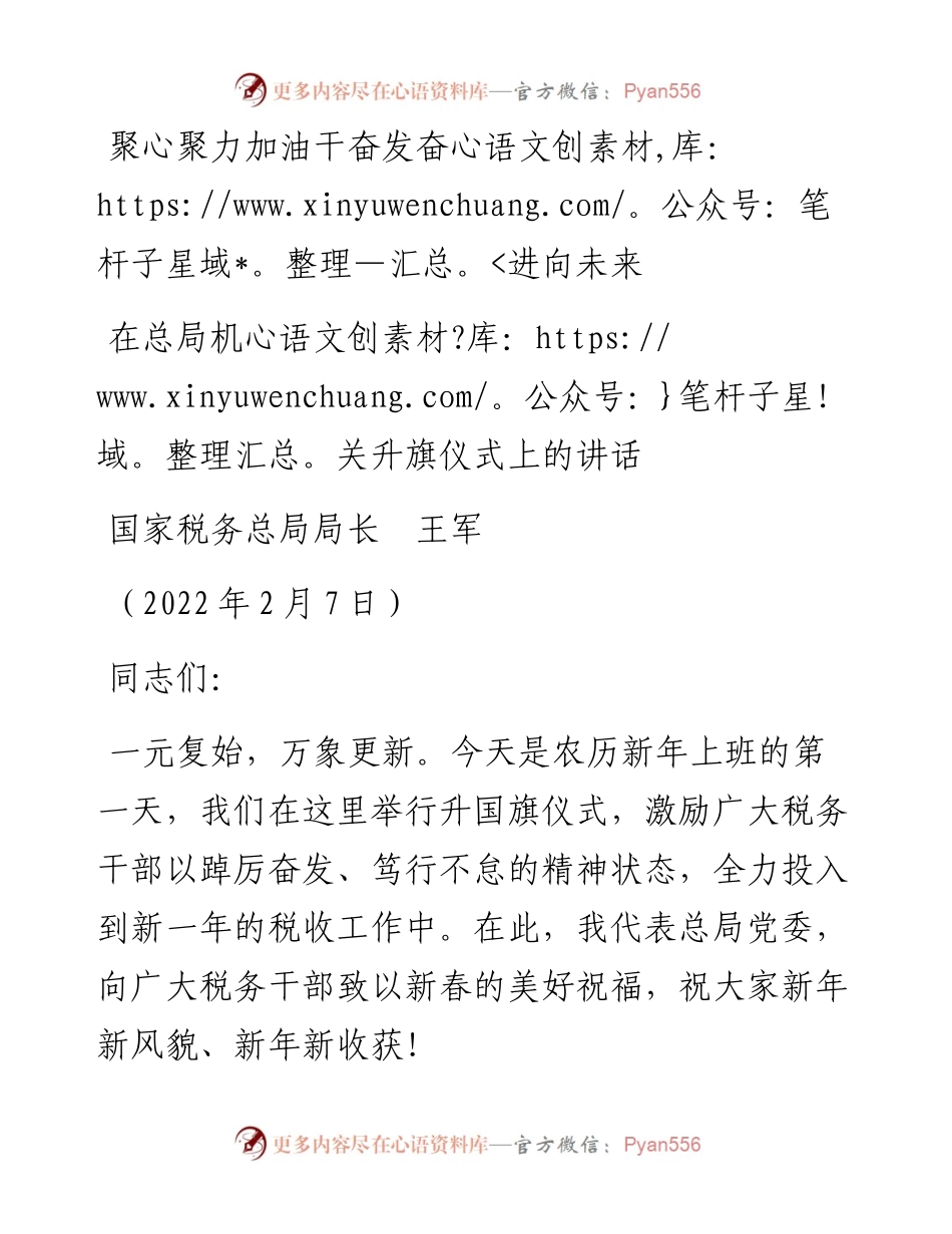 范文系列3071国家税务总局局长王军：在总局机关升旗仪式上的讲话.docx_第1页