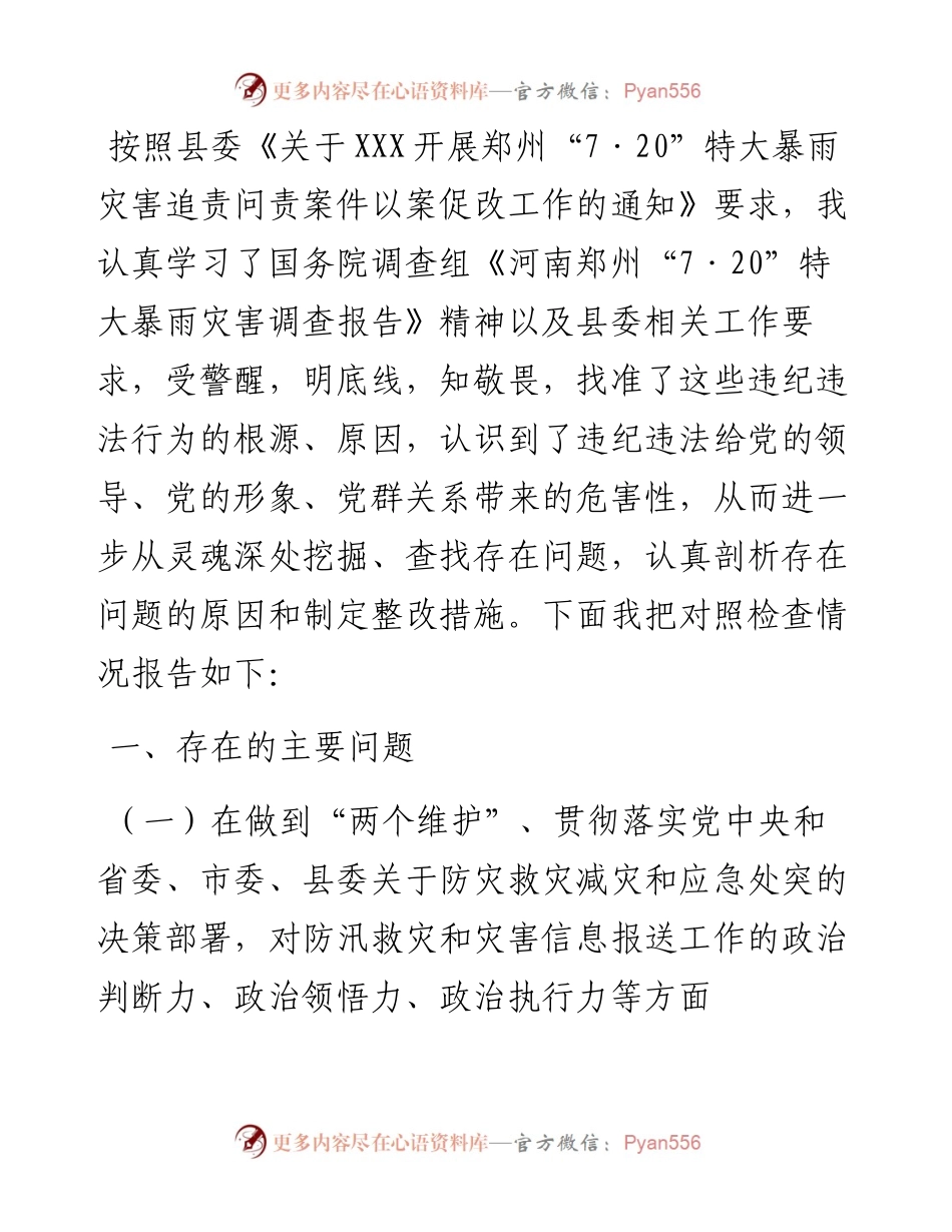 郑州“7.20”特大暴雨灾害追责问责案件以案促改民主生活会发言材料.docx_第1页