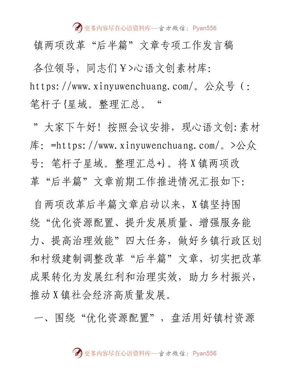 镇两项改革“后半篇”文章专项工作发言稿.docx_第1页