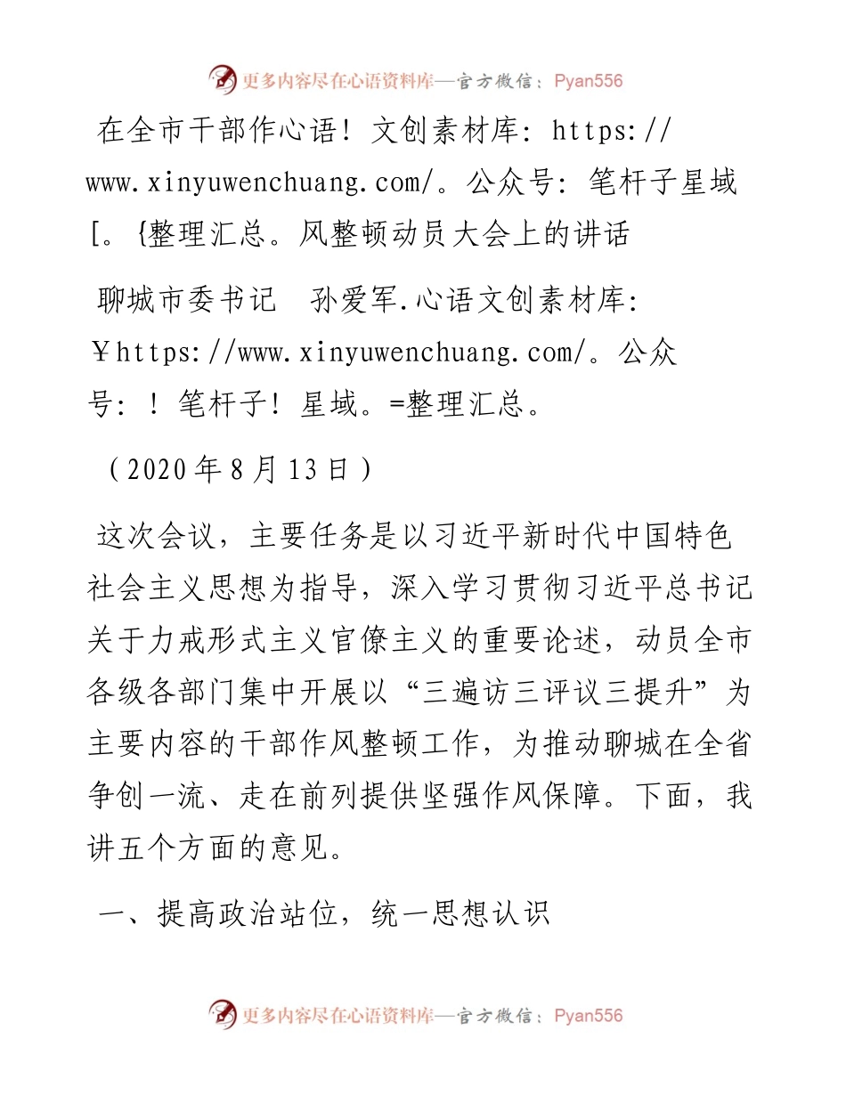 范文系列587聊城市委书记孙爱军：在全市干部作风整顿动员大会上的讲话.docx_第1页