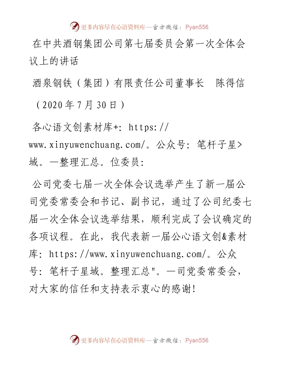 范文系列553酒泉钢铁（集团）有限责任公司董事长陈得信：在中共酒钢集团公司第七届委员会第一次全体会议上的讲话.docx_第1页