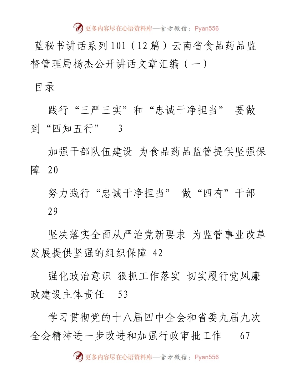 讲话系列101（12篇）云南省食品药品监督管理局杨杰公开讲话文章汇编（一）.docx_第1页