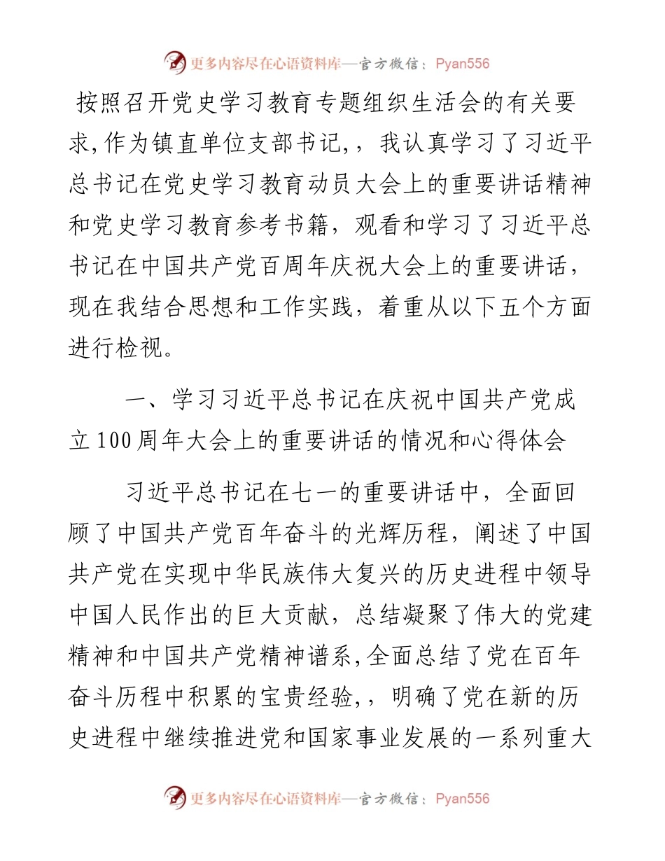 镇直单位支部书记党史学习教育专题组织生活会五个方面个人对照检视材料.docx_第1页