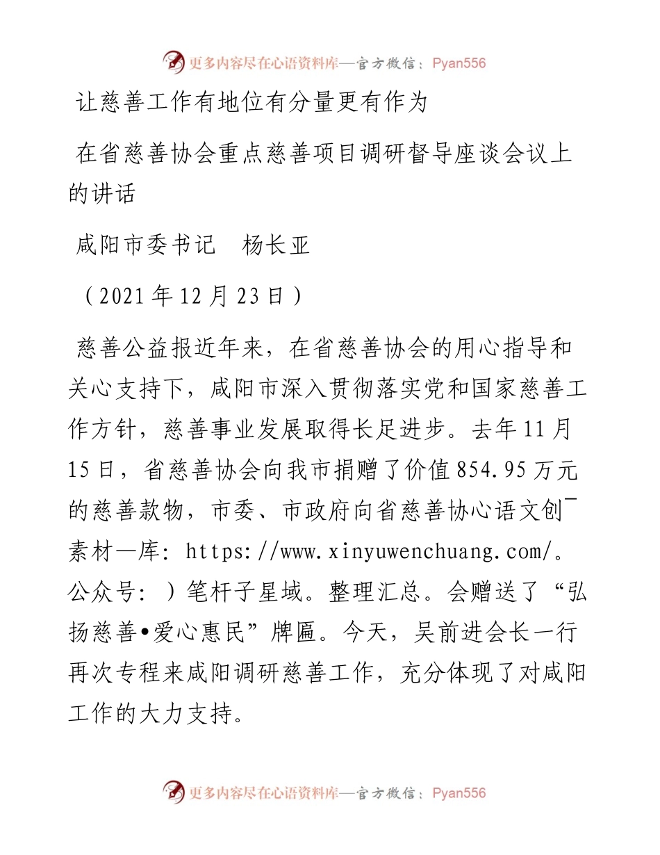 范文系列2902咸阳市委书记杨长亚：在省慈善协会重点慈善项目调研督导座谈会议上的讲话.docx_第1页