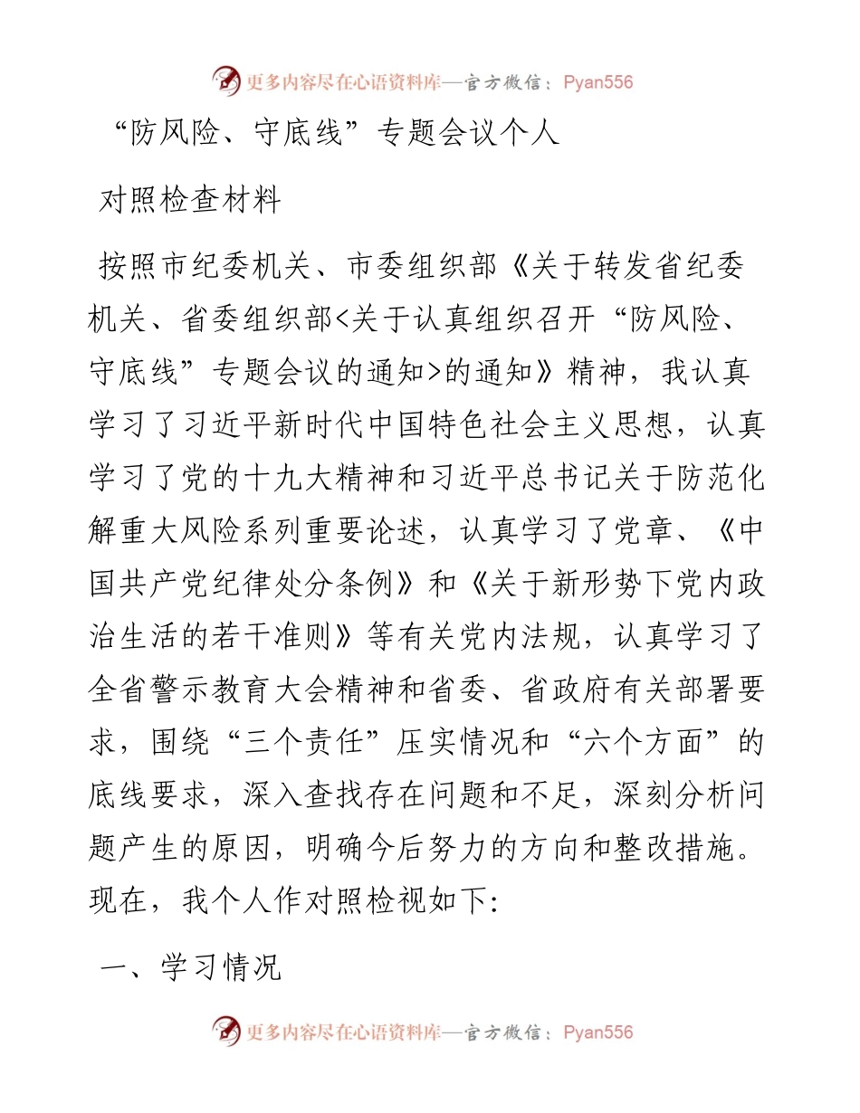 防风险守底线专题会议个人对照检查材料.docx_第1页