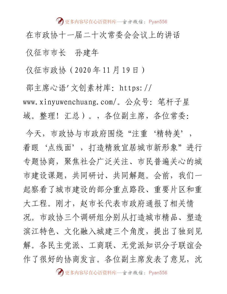 范文系列899仪征市市长孙建年：在市政协十一届二十次常委会会议上的讲话.docx_第1页