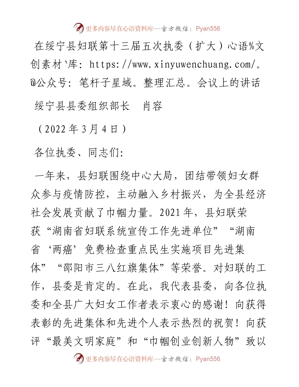 范文系列3325绥宁县县委组织部长肖容：在绥宁县妇联第十三届五次执委（扩大）会议上的讲话.docx_第1页