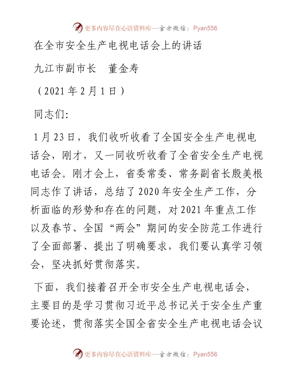 范文系列1179九江市副市长董金寿：在全市安全生产电视电话会上的讲话.docx_第1页