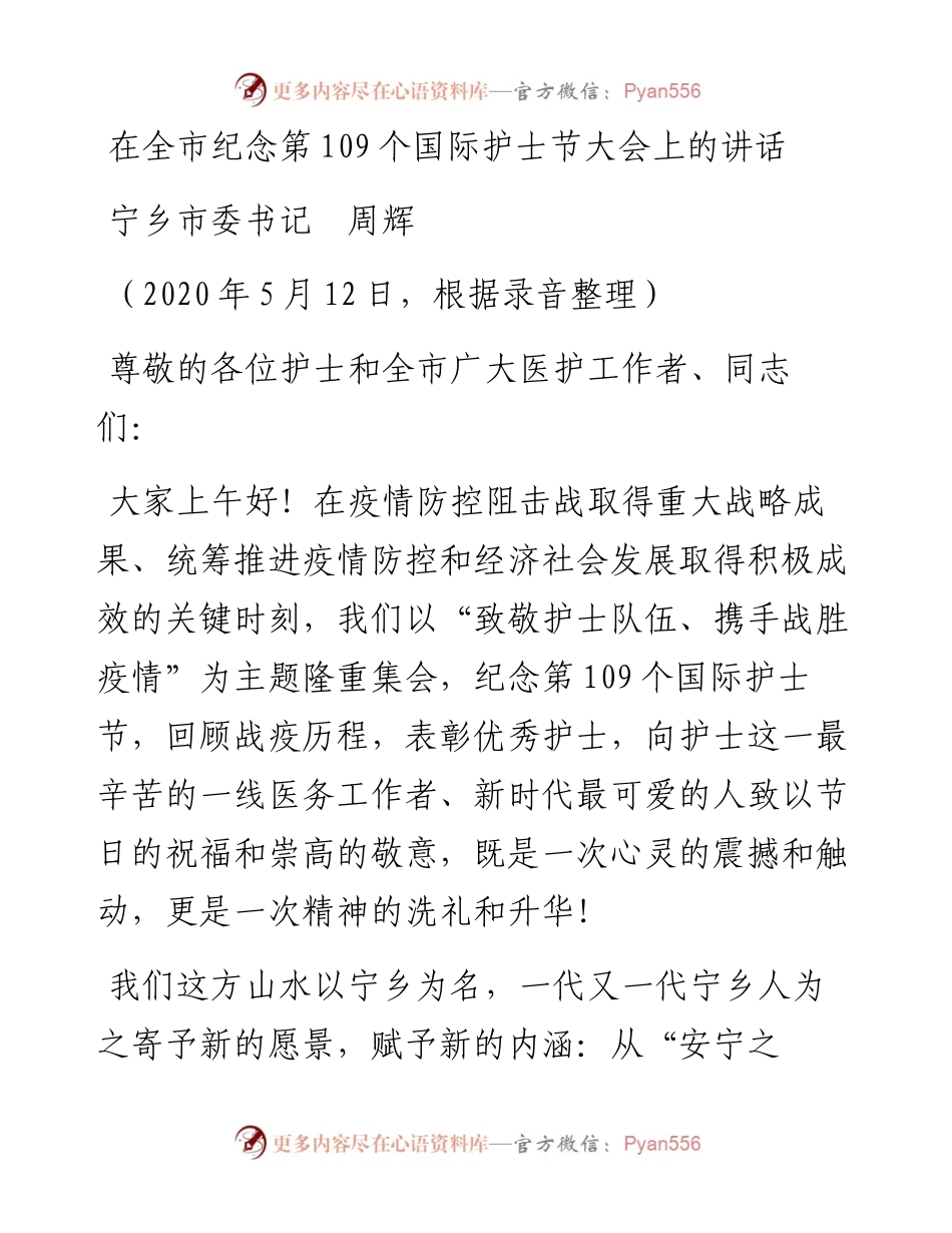 范文系列228宁乡市委书记周辉在全市纪念第109个国际护士节大会上的讲话.docx_第1页