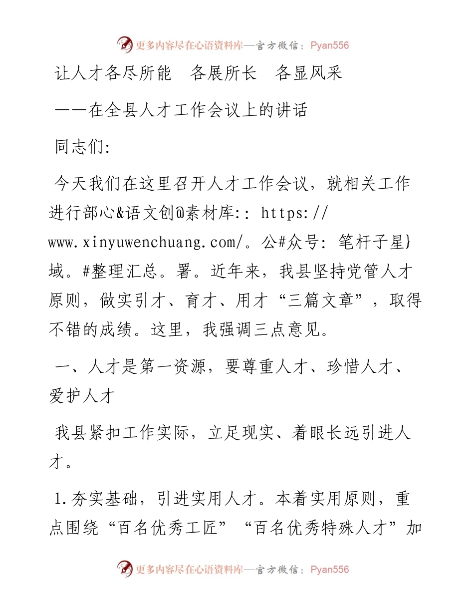 让人才各尽所能  各展所长 各显风采在全县人才工作会议上的讲话(1).docx_第1页